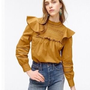 J.Crew Ruffle Shoulder Eyelet Lace Blouse Honey Brown Victorian Top XS